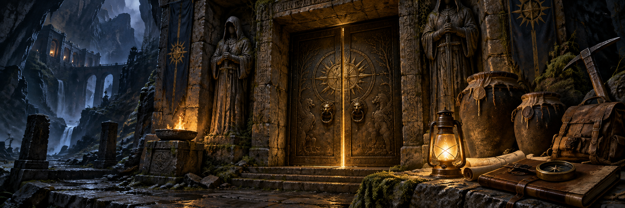 Illustration of an ancient Vault entrance and exploration supplies