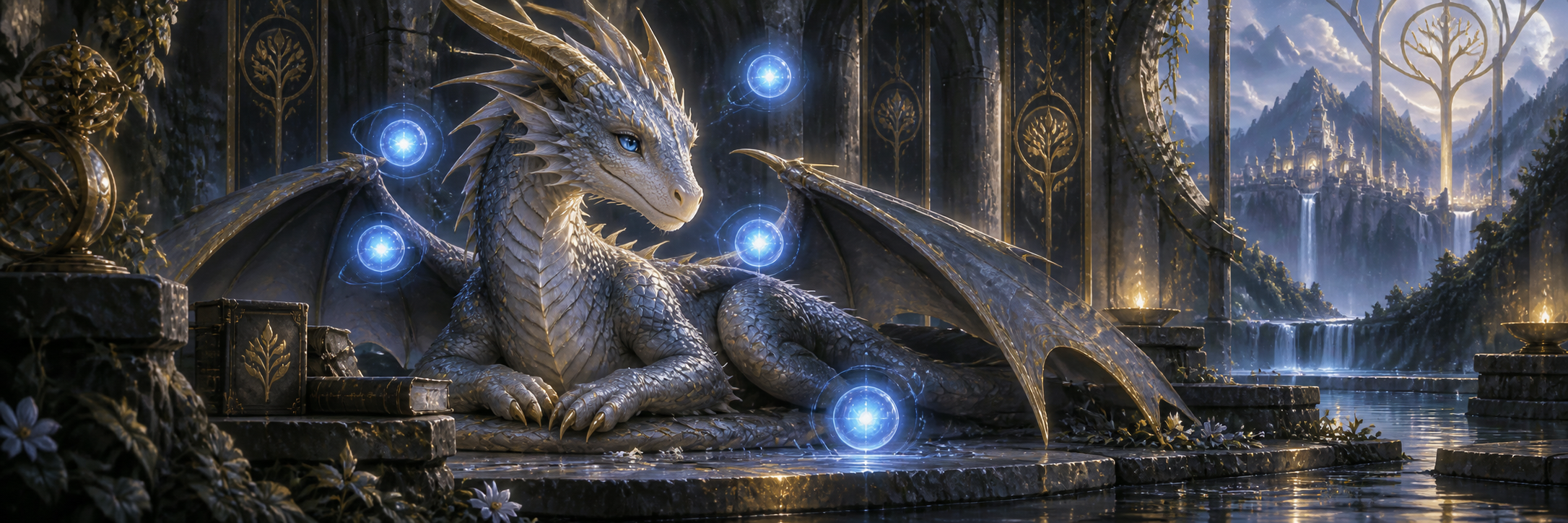 Illustration of a dragon surrounded by glowing blue orbs