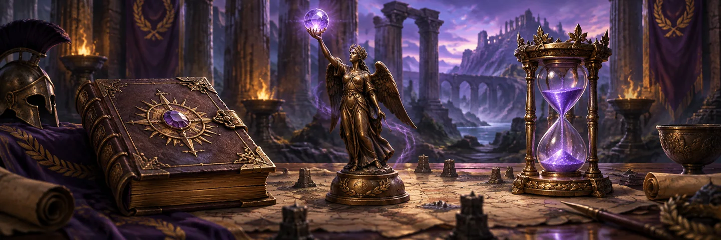 Illustration of an ancient tome, bronze figurine and purple hourglass on a clan council table.