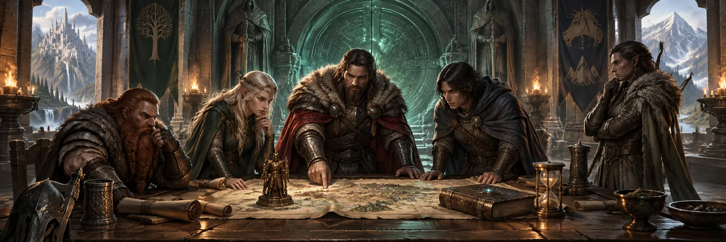 Illustration of maps and clan relics prepared before an ancient vault.