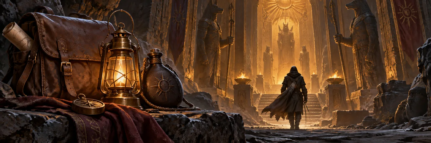 Illustration of an explorer entering a crypt with a lantern and supplies.