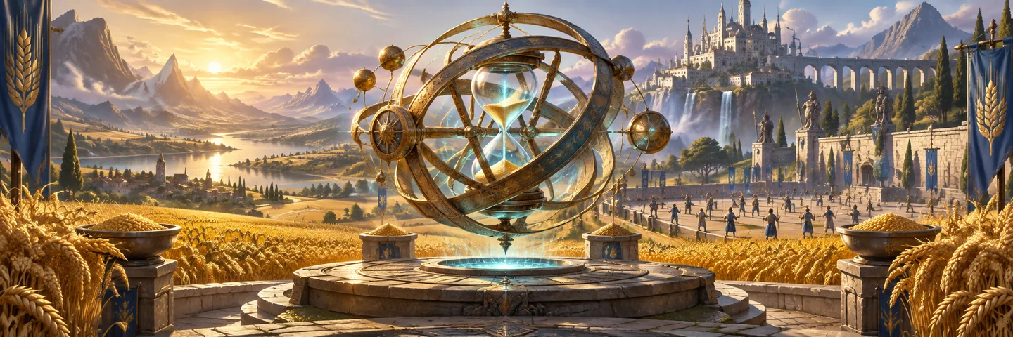 Illustration of a magical timepiece above wheat fields and a training courtyard.