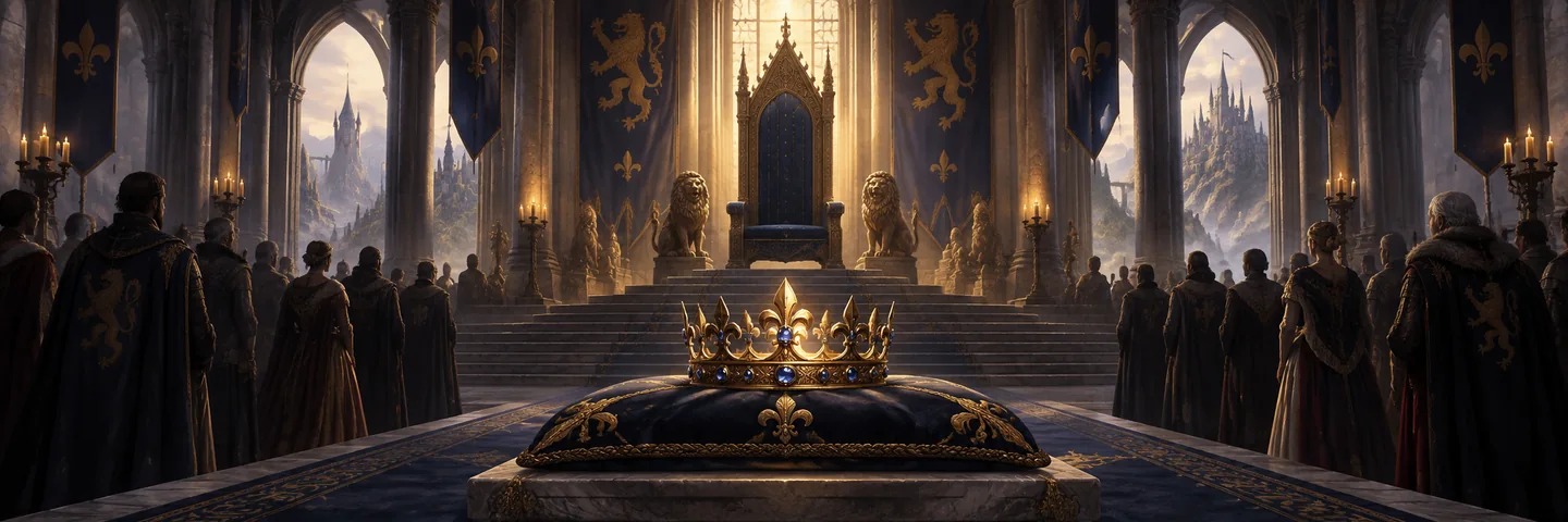 Illustration of a crown before an empty royal throne in a vaulted hall.
