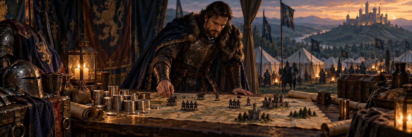 Illustration of a commander planning an army campaign with troop models and Silver reserves.