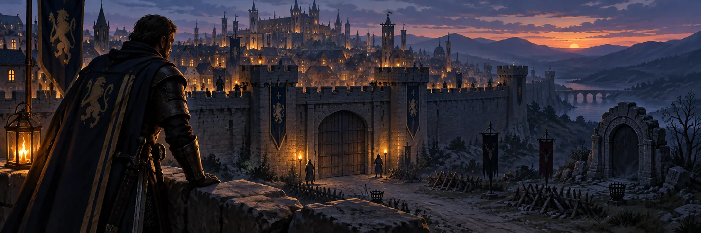 Illustration of a city watch officer overlooking a closed gate and an inactive portal at dusk.