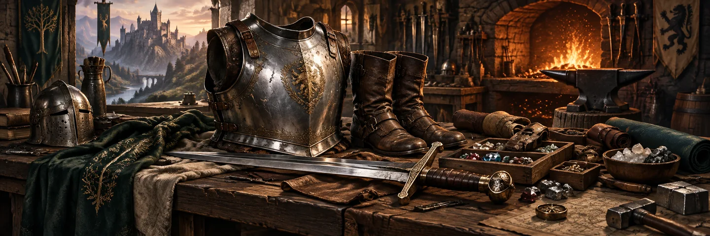 Illustration of armour, a sword, boots and gemstones arranged on an armourer’s workbench.