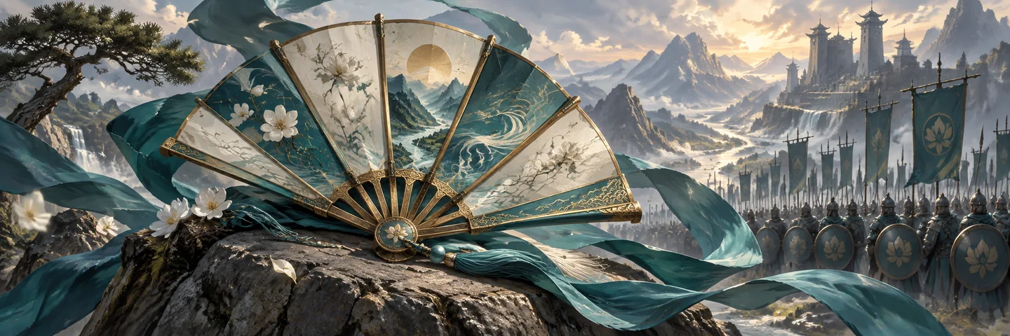 Illustration of an ornate open fan with swirling wind and distant Guardsmen.
