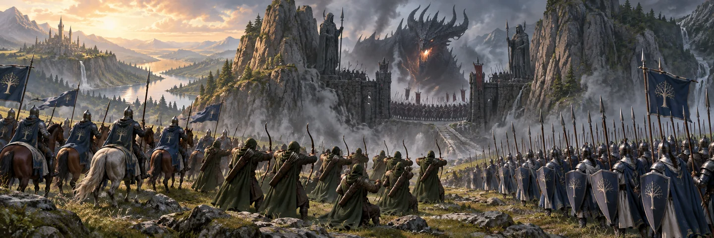 Illustration of troop formations facing a monster at a mountain pass.