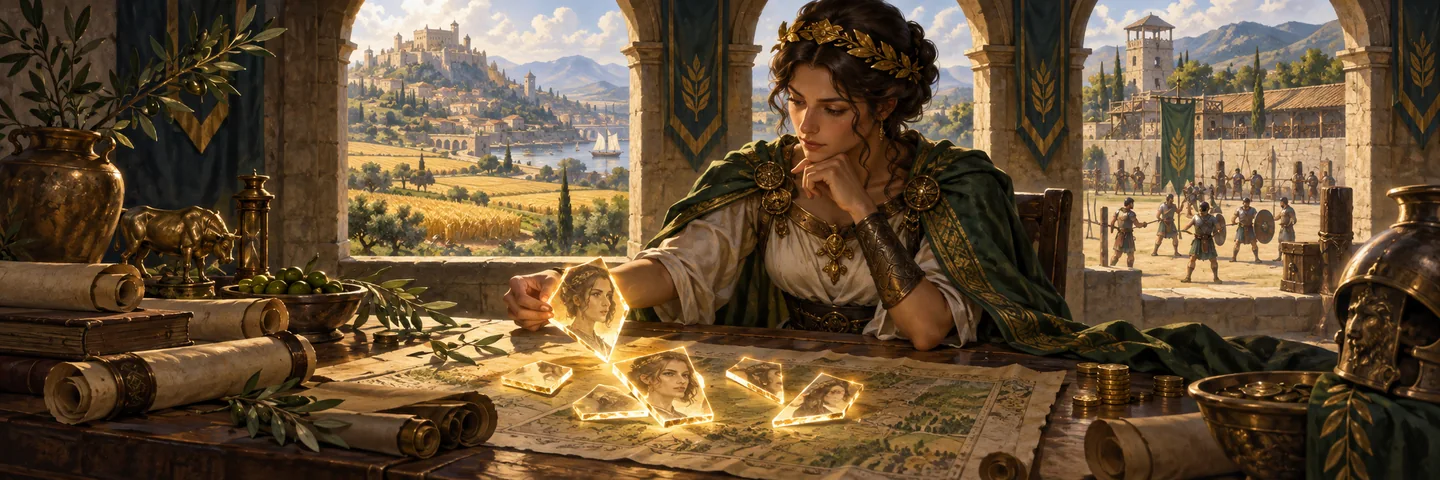 Editorial illustration of a commander examining glowing portrait fragments beside a training courtyard.