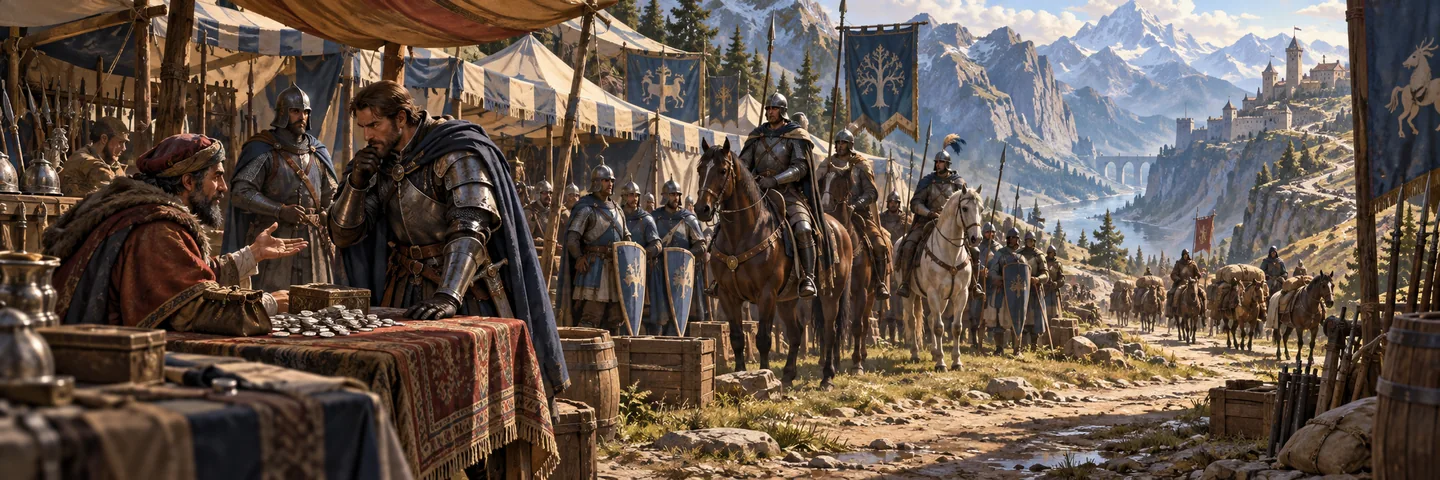 Illustration of a Captain considering mercenaries at a mountain trading outpost with soldiers and cavalry.
