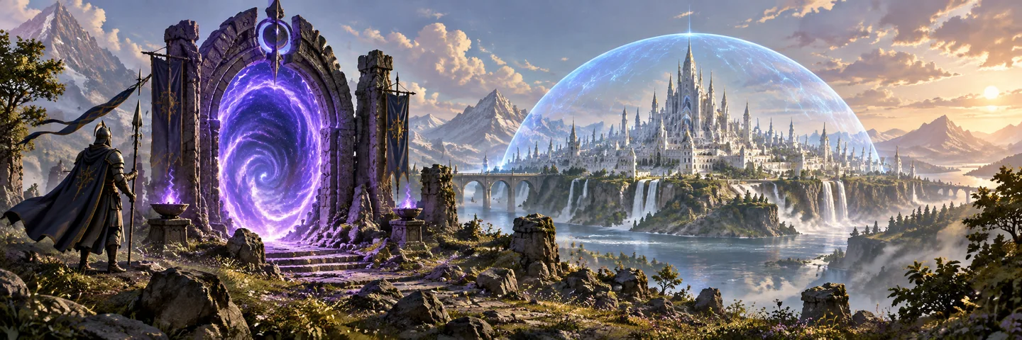 Illustration of an open portal outside a city's protective shield.