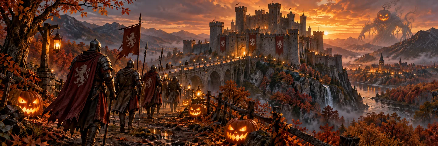 An autumn fortress and glowing pumpkins along a medieval army’s route.
