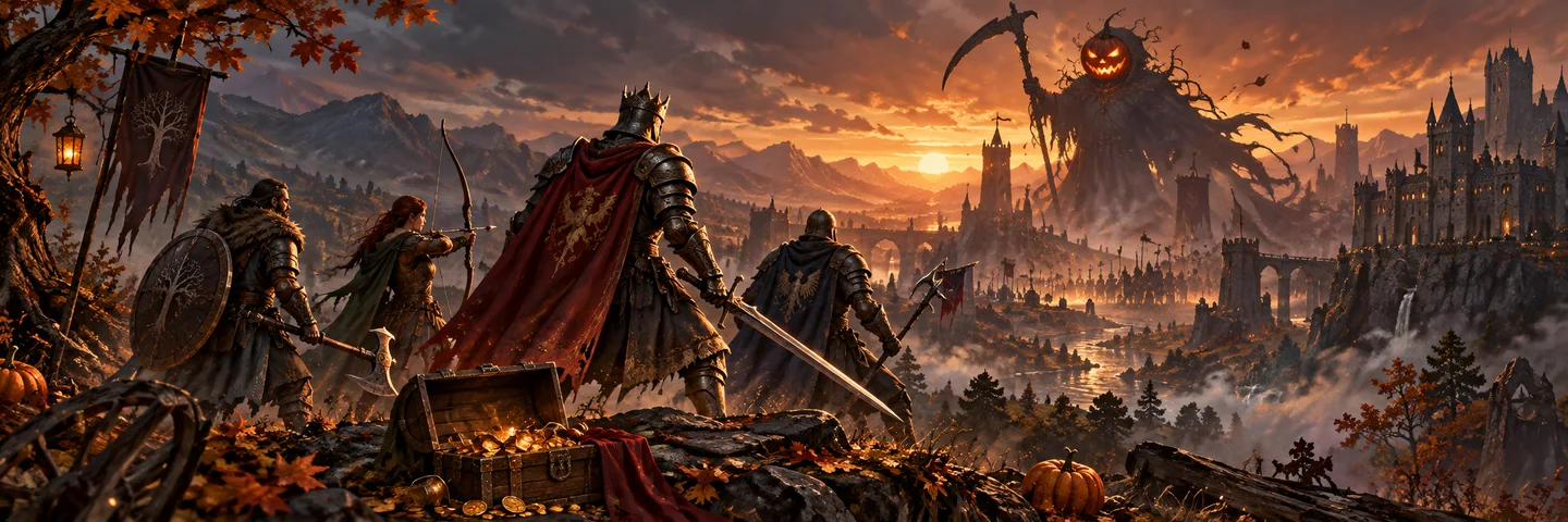 A hero and three captains approaching a pumpkin reaper, with treasure in the foreground.