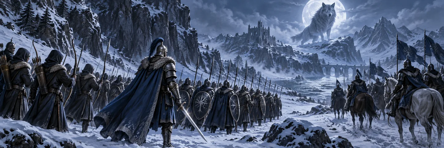 Illustration of one Captain leading a mixed army through a snowy pass towards a giant wolf.