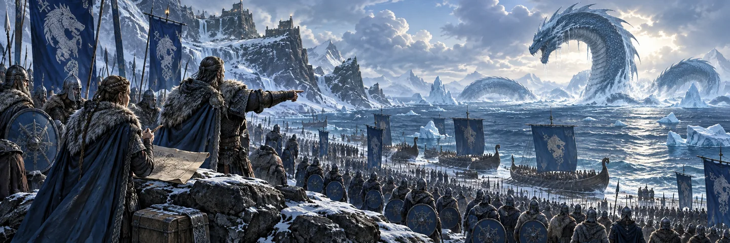 Illustration of allied armies assembling on an icy shore while a giant sea serpent rises offshore.