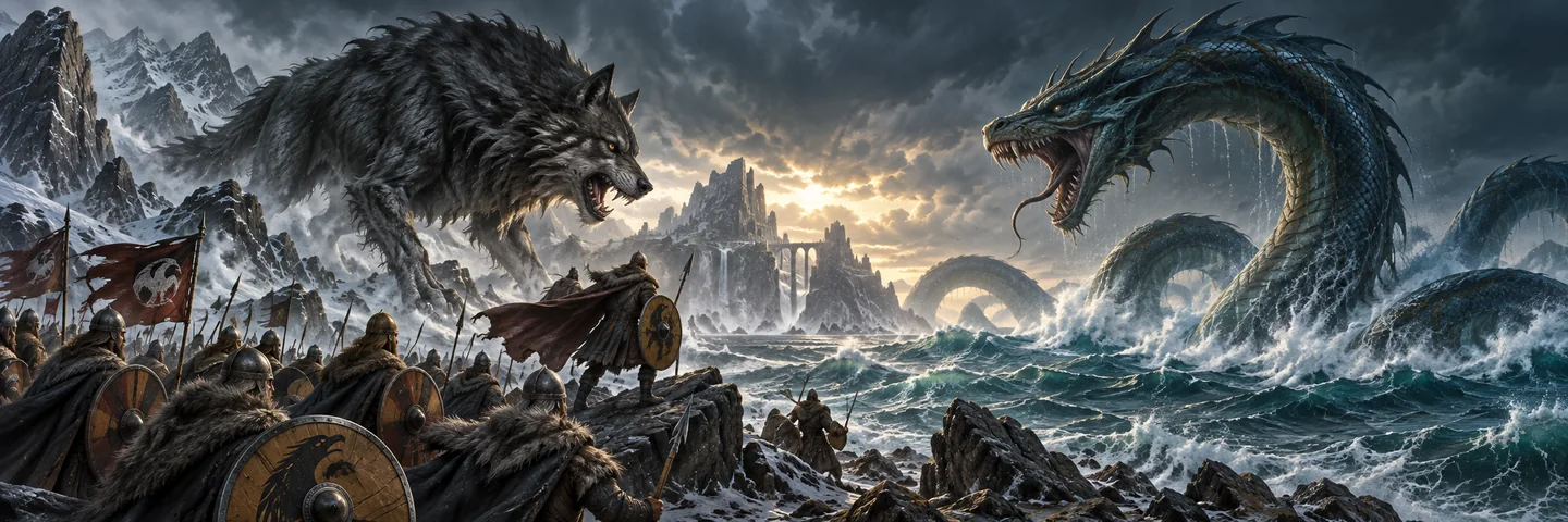Illustration of a giant wolf and sea serpent on a stormy coast.