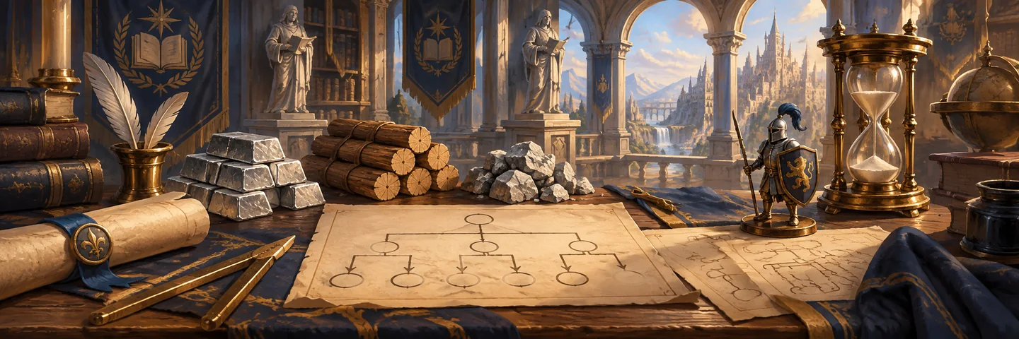 Editorial illustration of an Academy desk with resource samples, research diagrams and an hourglass.