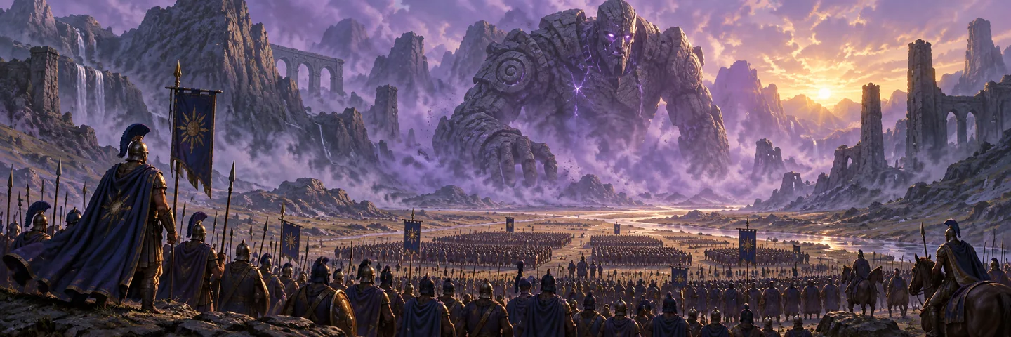 Illustration of an organised army preparing to face a giant ancient stone guardian in a purple valley.