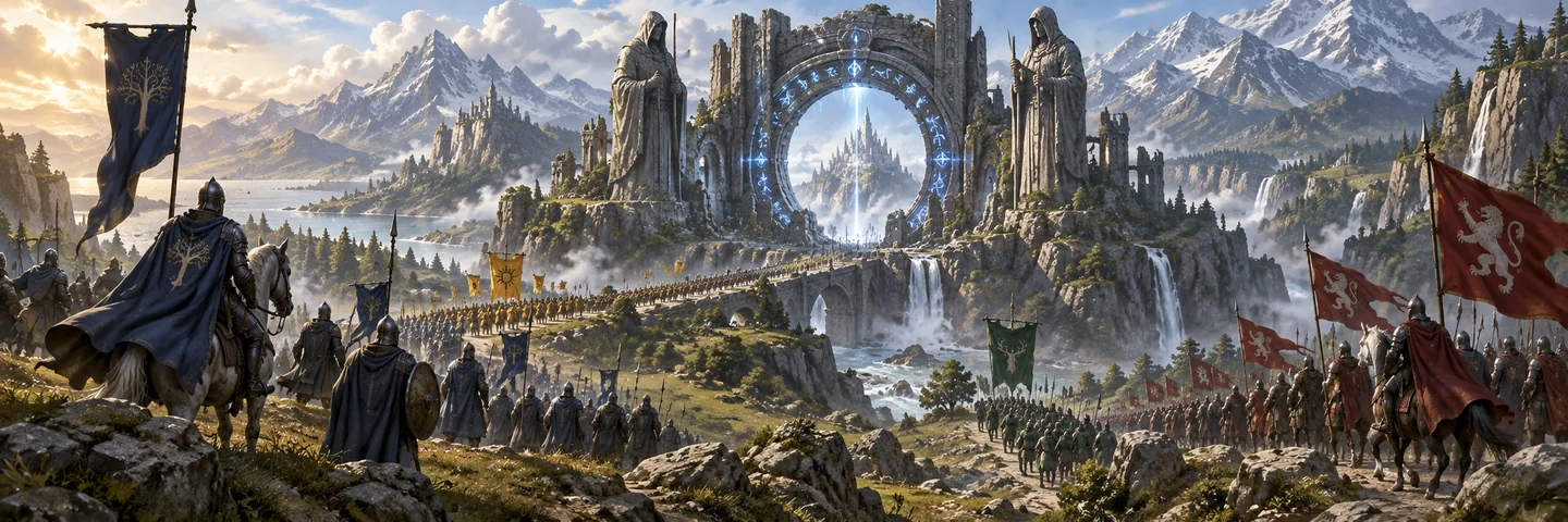 Illustration of allied armies approaching a glowing runic gate.
