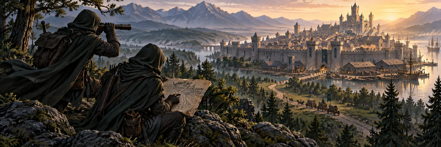 Illustration of two scouts studying a map and observing a fortified city from a ridge.