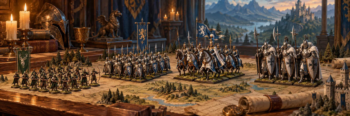 Illustration of miniature troop formations, from light infantry to larger armoured units.